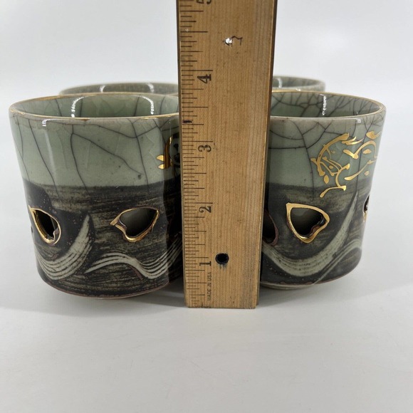 Vtg 4 Green Brown Somayaki Japan Double Wall Crackle Glazed Heart Tea Cups 200ml - Picture 15 of 16